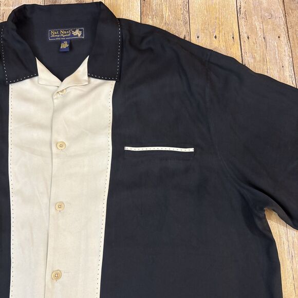 Nat Nast Silk Shirt XXL 2XL Black Beige Tony Soprano Bowling Shirt - Picture 5 of 8